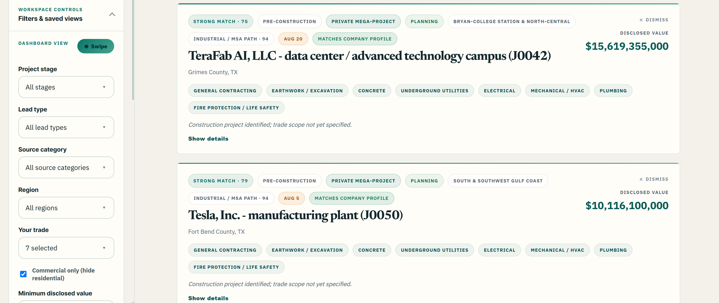 King Lead Lab opportunity feed showing filters, scored records, and project context